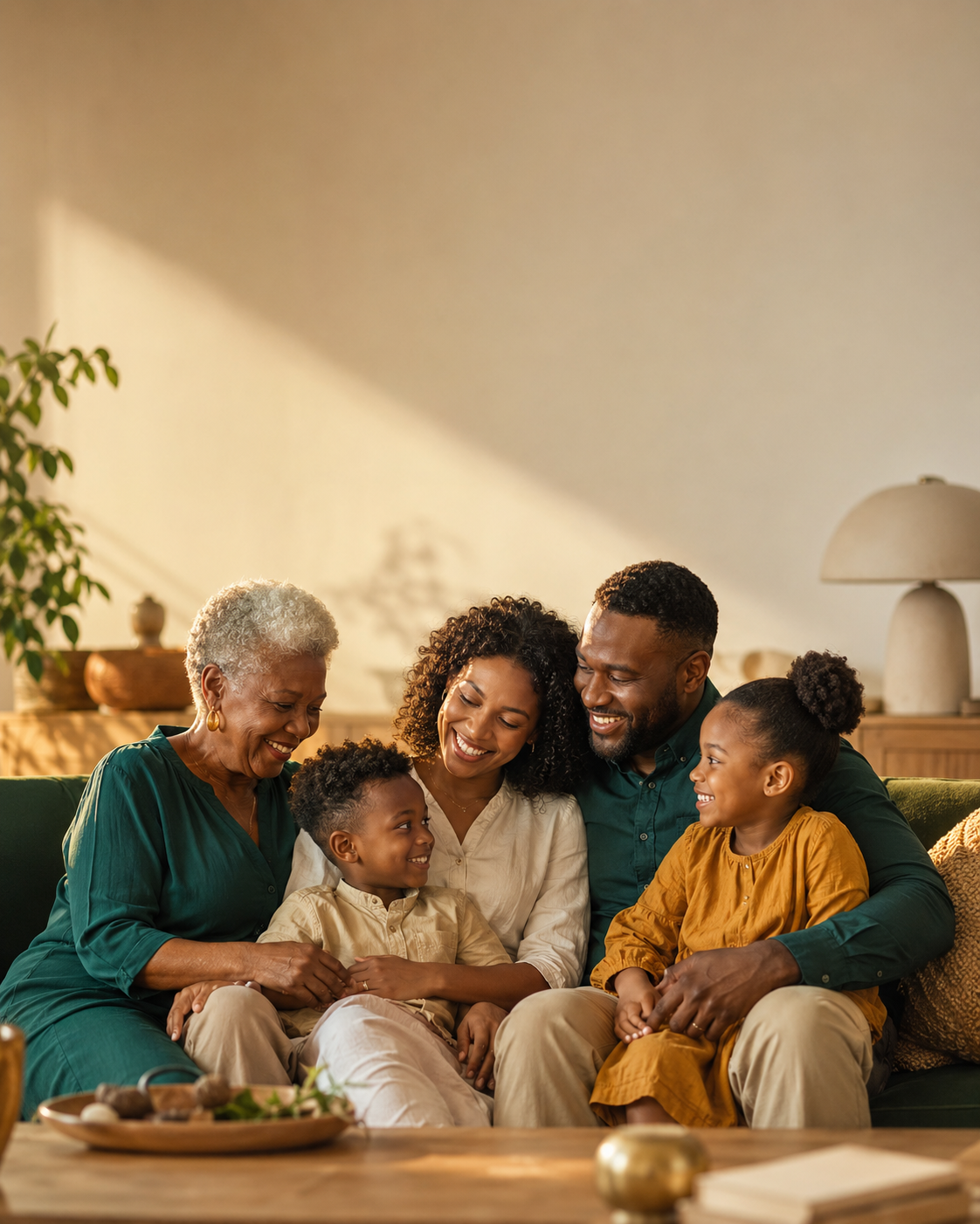 A warm South African multigenerational family together on the couch
